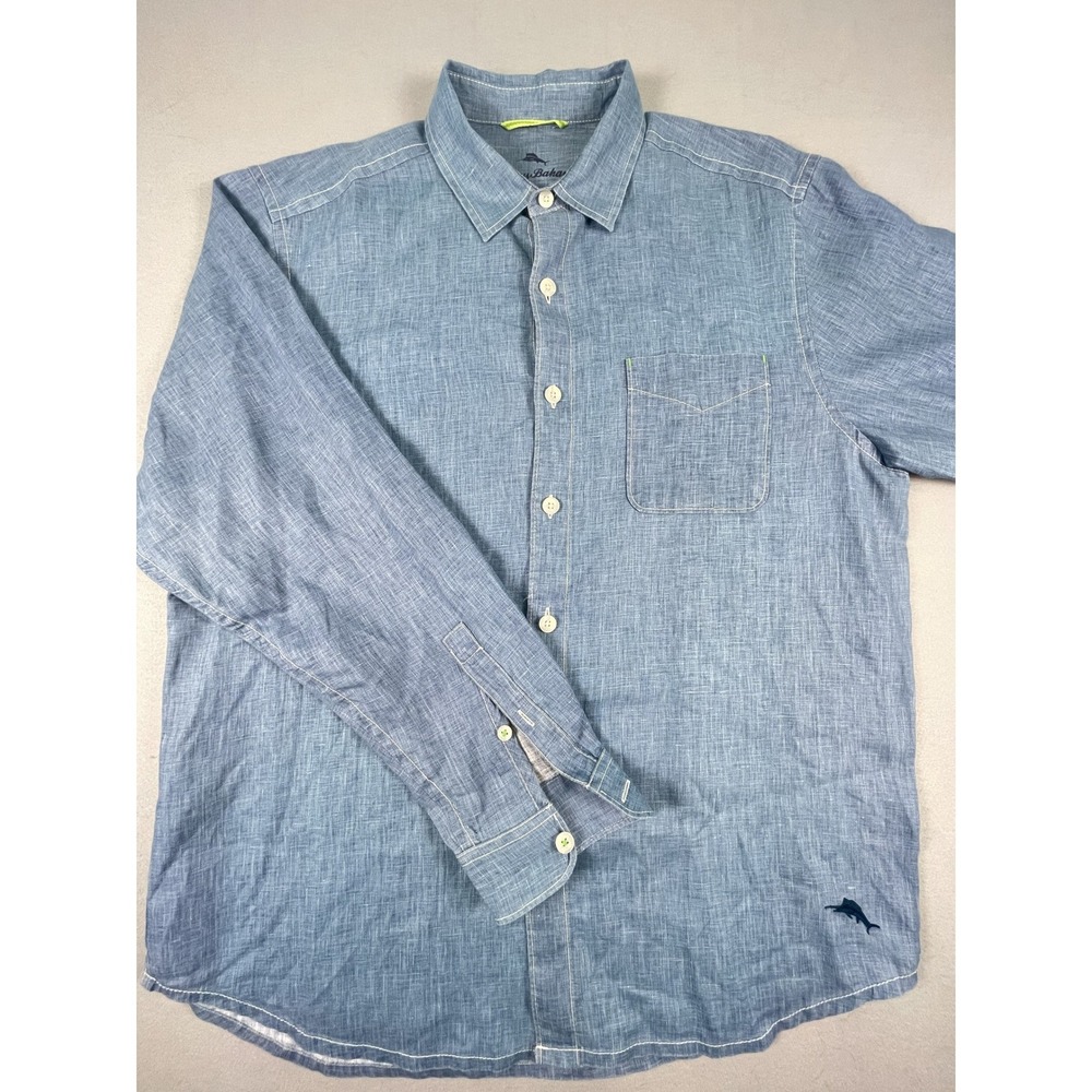 Tommy Bahama Shirt Mens L Blue Green Linen Long Sleeve Button Up Marlin Casual